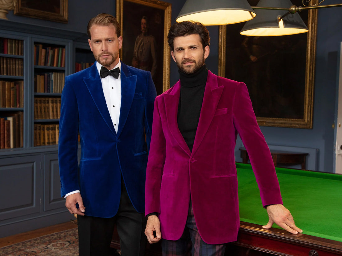 Velvet smoking jackets in blue and raspberry.