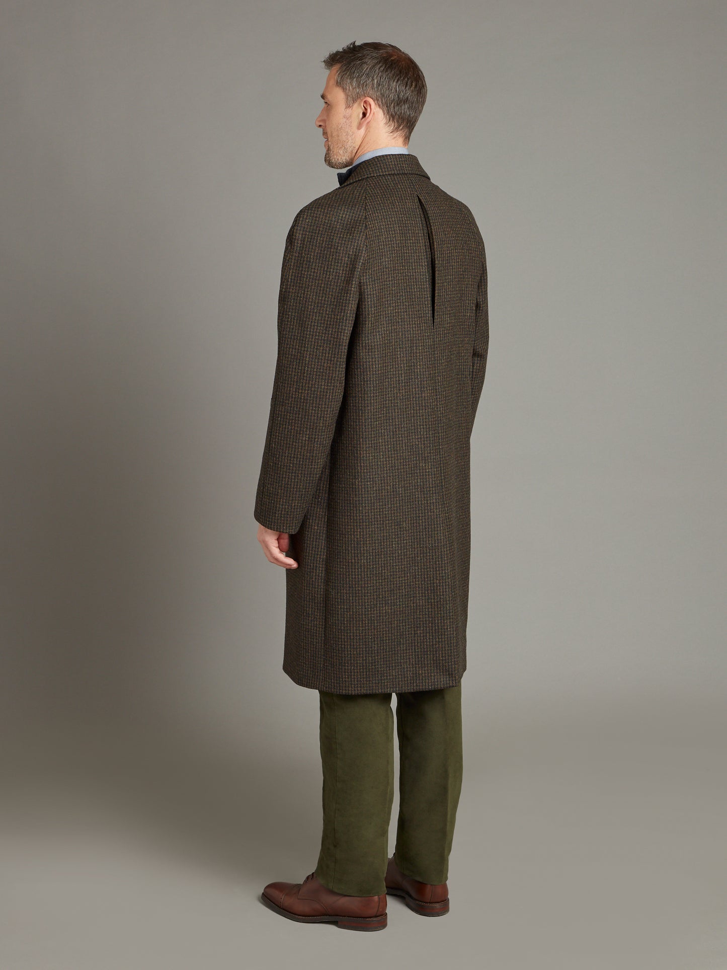 Raglan Sleeve Overcoat Houndstooth - Green/Brown