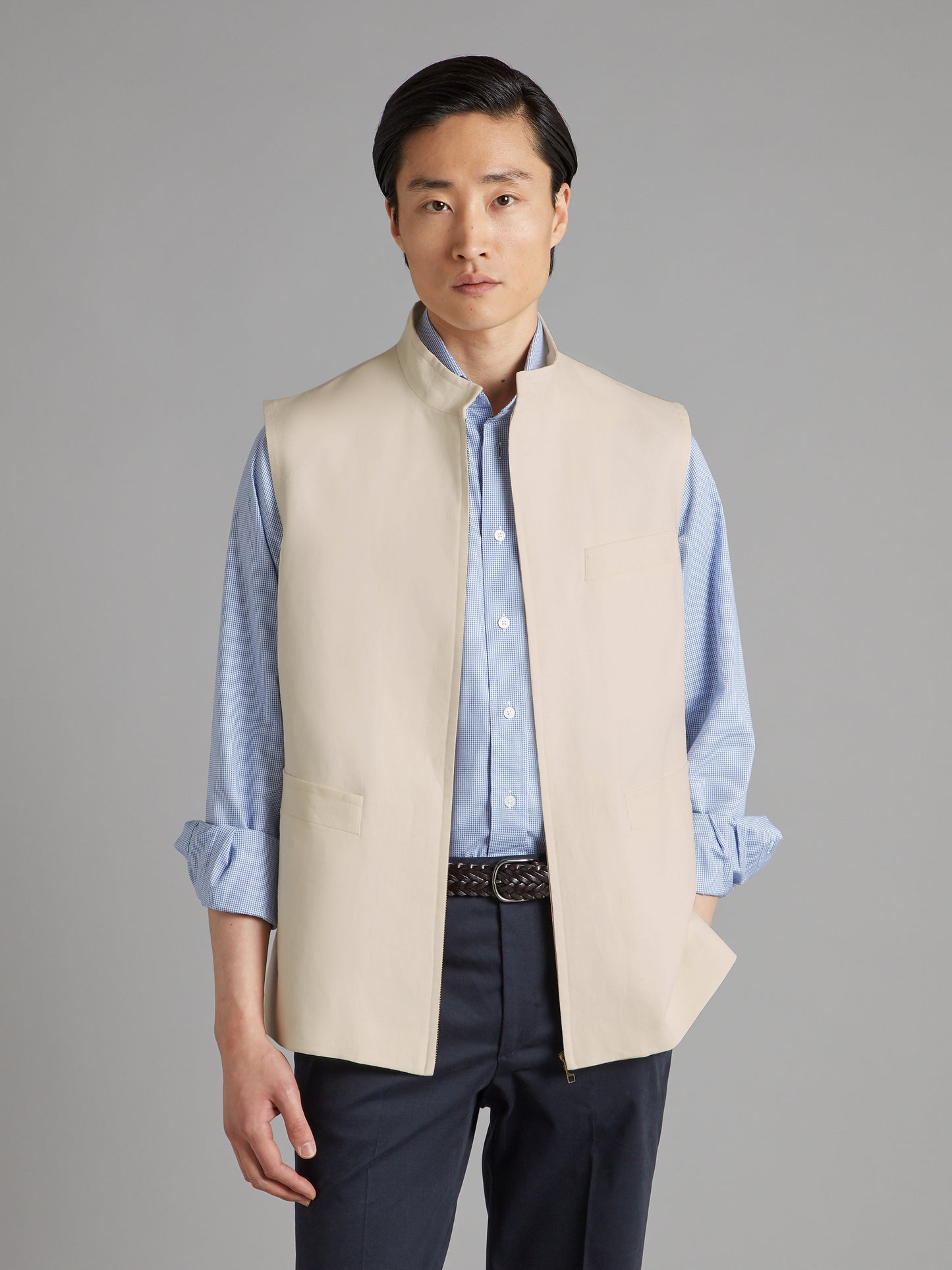 Linen Gilet with Zip - Stone