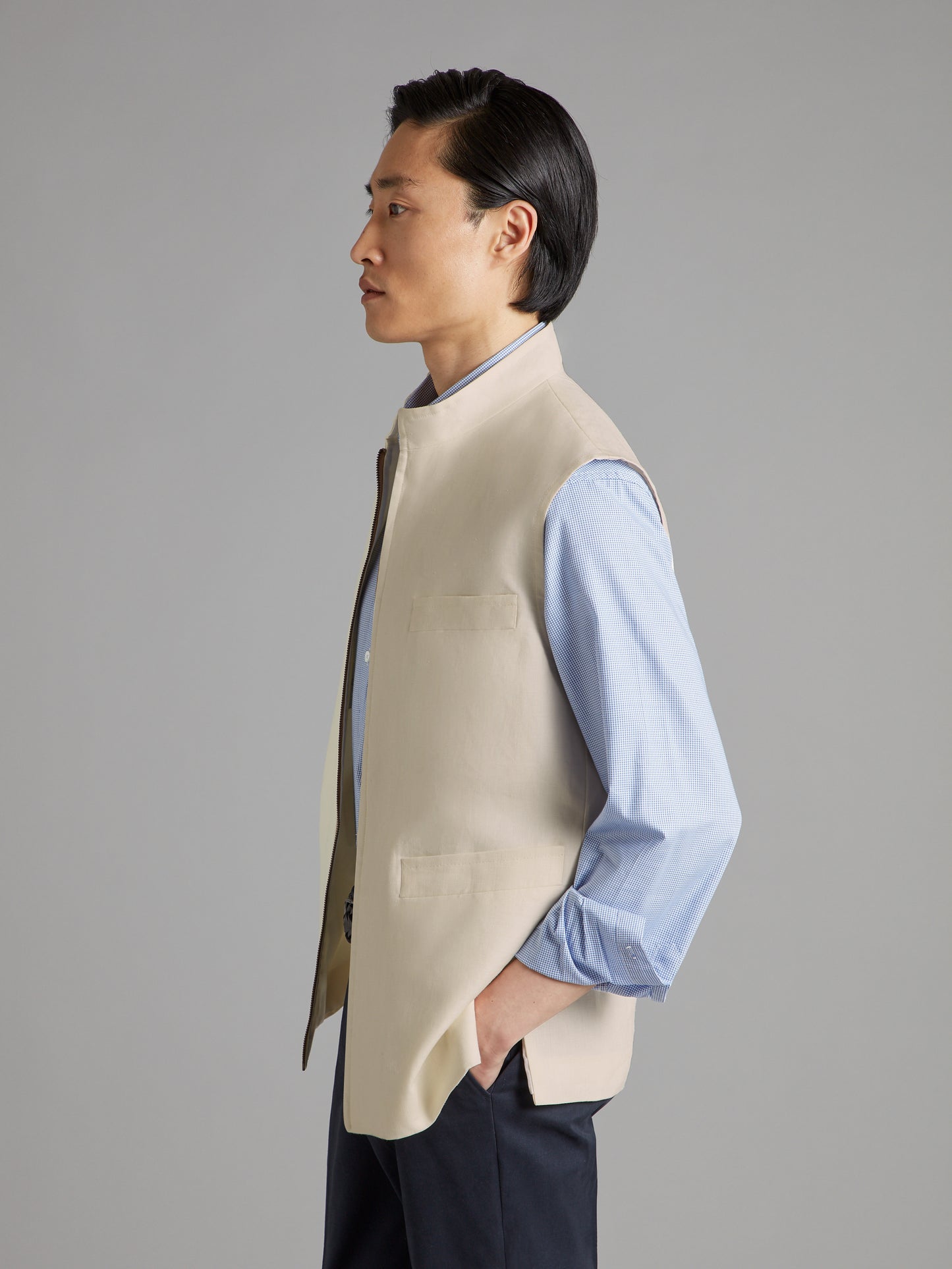 Linen Gilet with Zip - Stone