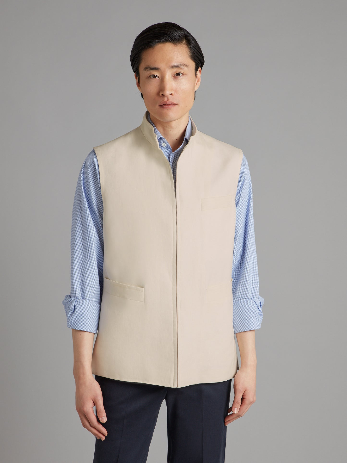 Linen Gilet with Zip - Stone