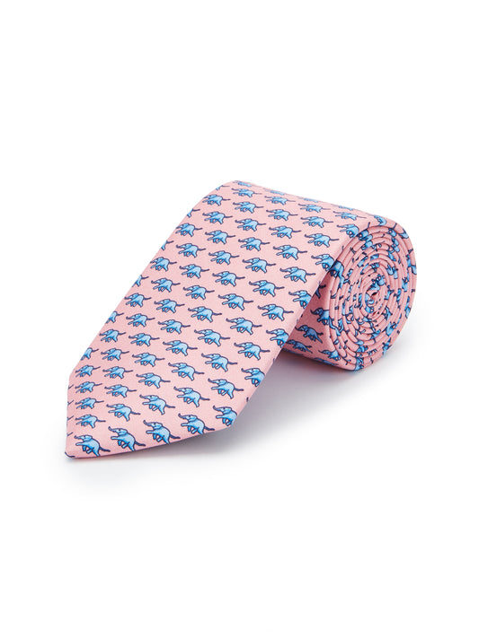 Pure Silk Elephant Tie - Pink/Blue