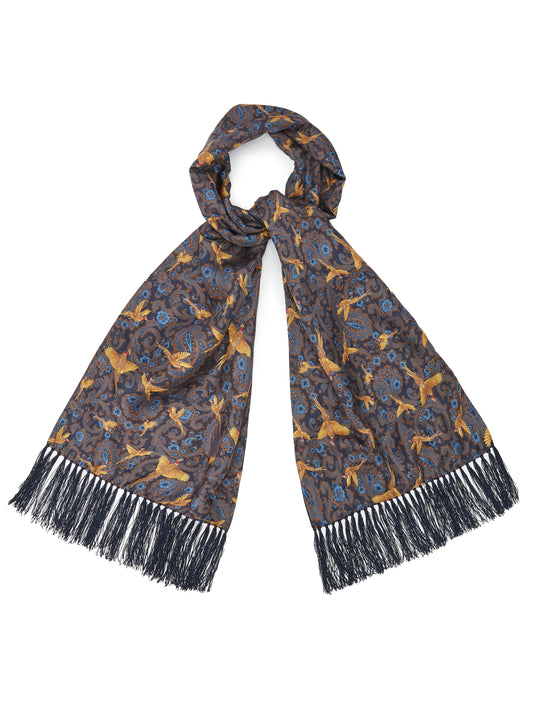 Flying Pheasant Scarf - Wool / Silk Blend - Navy