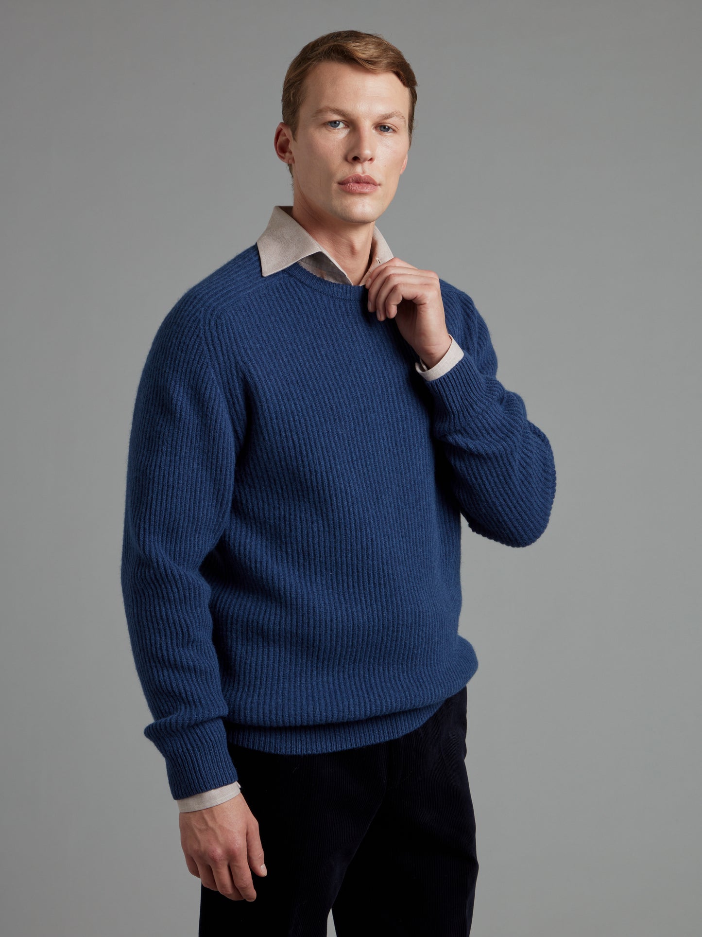 Lambswool Rib Stitch Crew Neck - Ink Blue