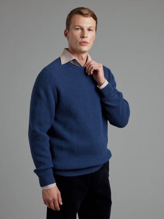 Lambswool Rib Stitch Crew Neck - Ink Blue