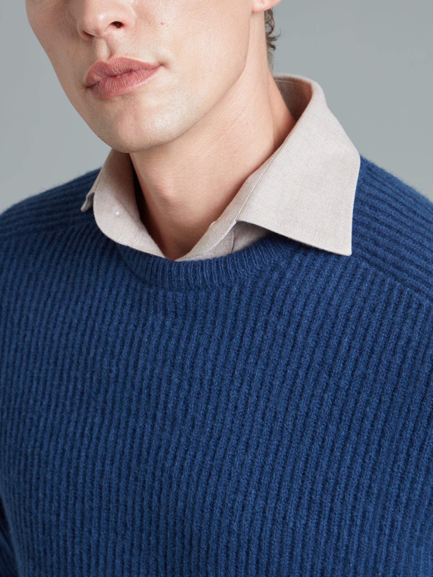 Lambswool Rib Stitch Crew Neck - Ink Blue