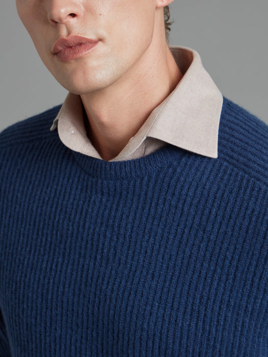 Lambswool Rib Stitch Crew Neck - Ink Blue