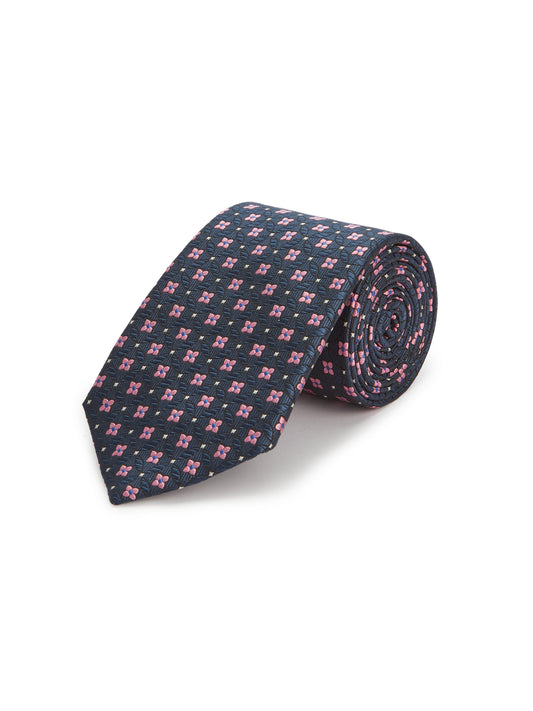 Pure Silk Geometric Tie - Navy/Pink