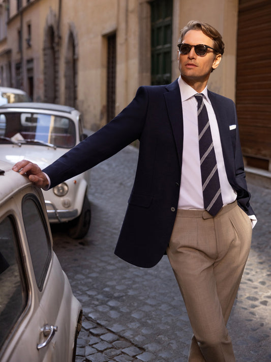 Pure Silk Shantung Tie - Navy/White Stripe