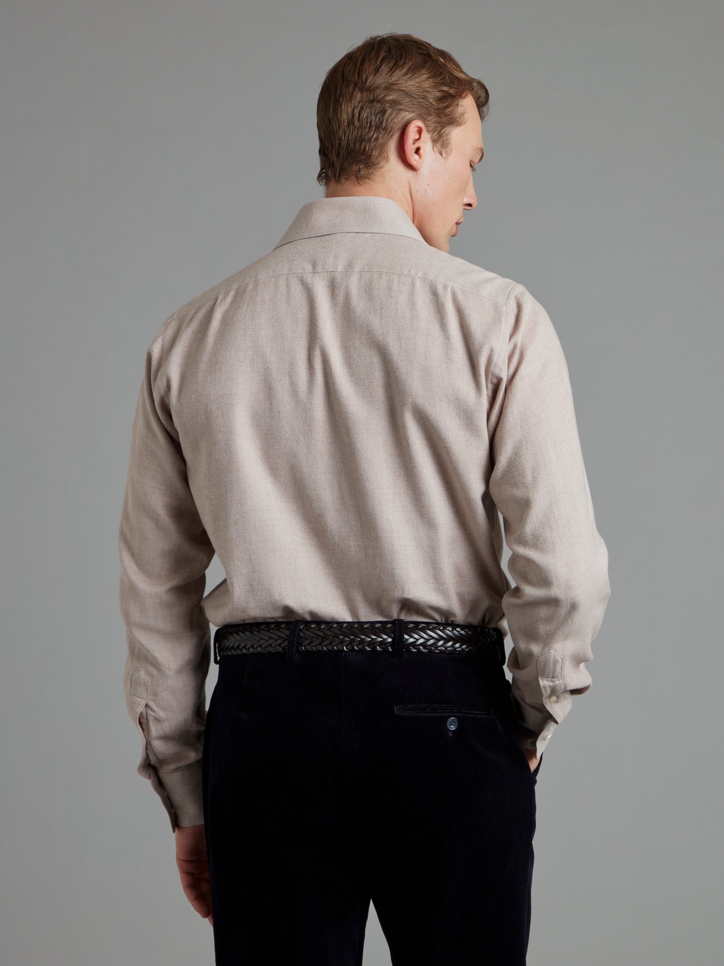 Brushed Cotton Shirt - Beige Herringbone