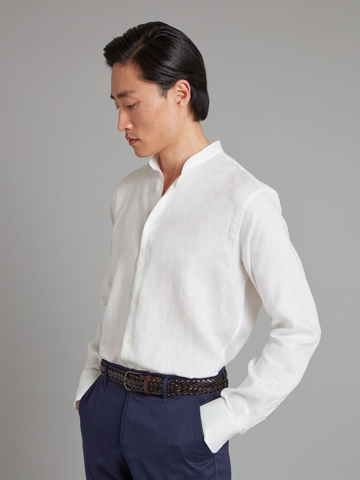 Collarless Shirt Linen - White