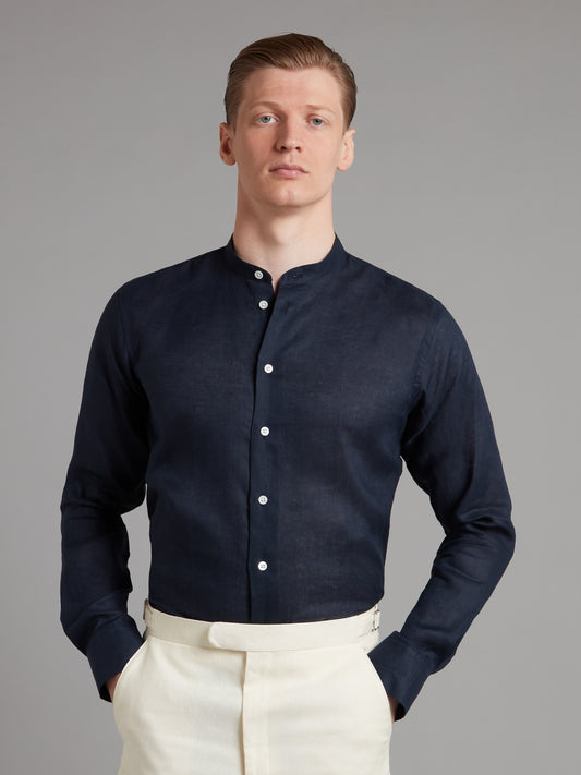 Collarless Linen Shirt - Navy