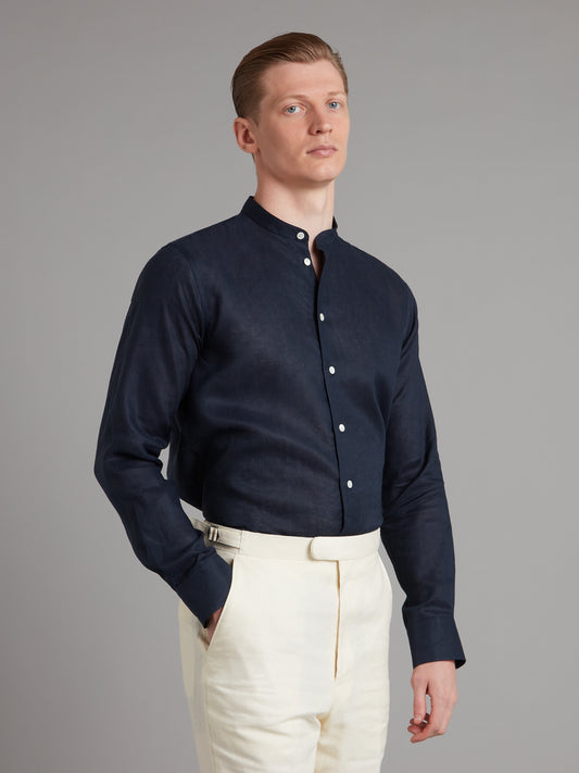 Collarless Linen Shirt - Navy