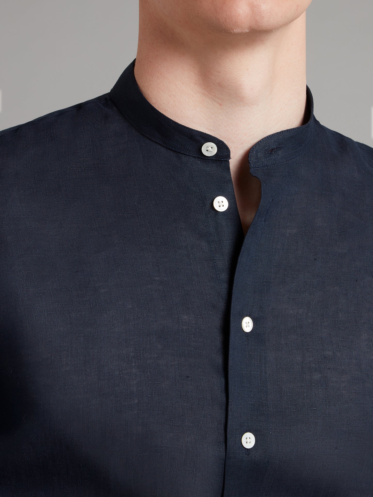 Collarless Linen Shirt - Navy