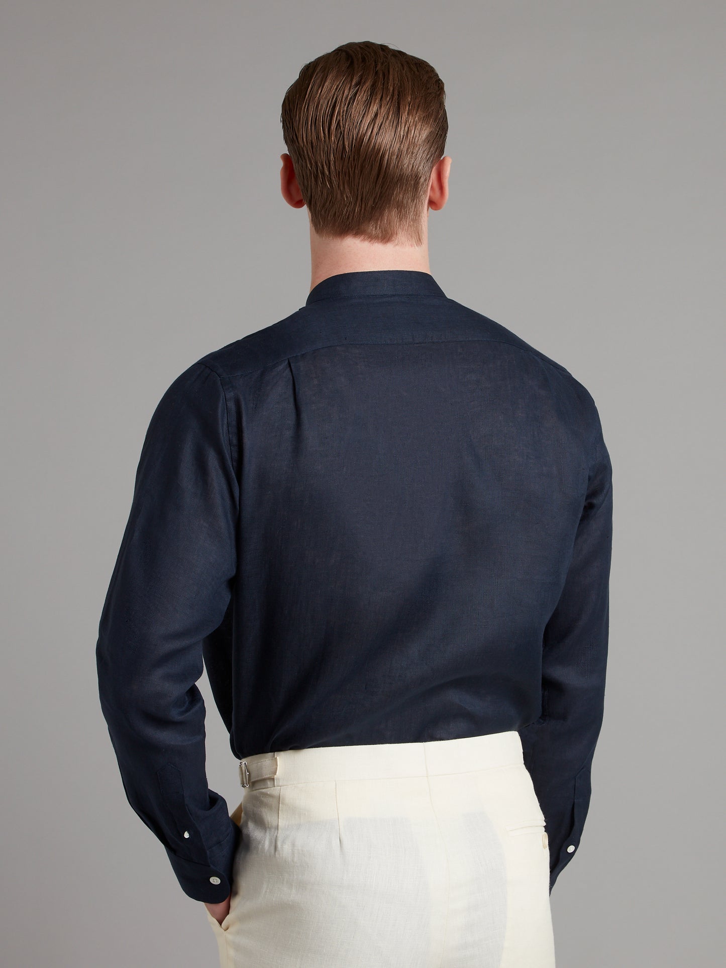 Collarless Linen Shirt - Navy