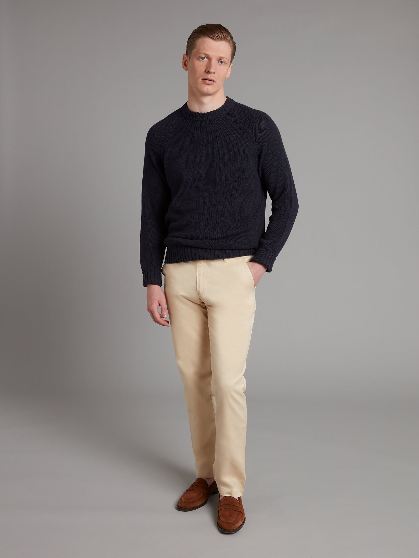 Crew Neck Jumper Cotton Linen Blend - Navy