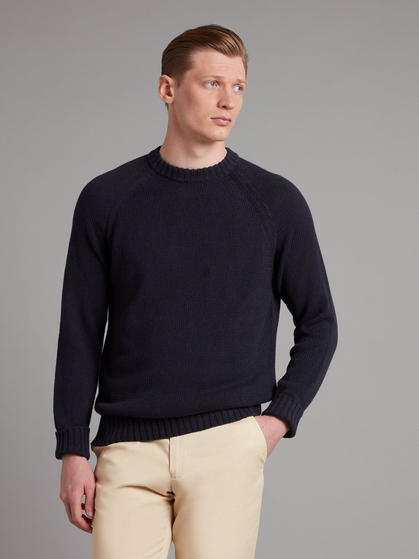 Crew Neck Sweater Cotton Linen Blend - Navy