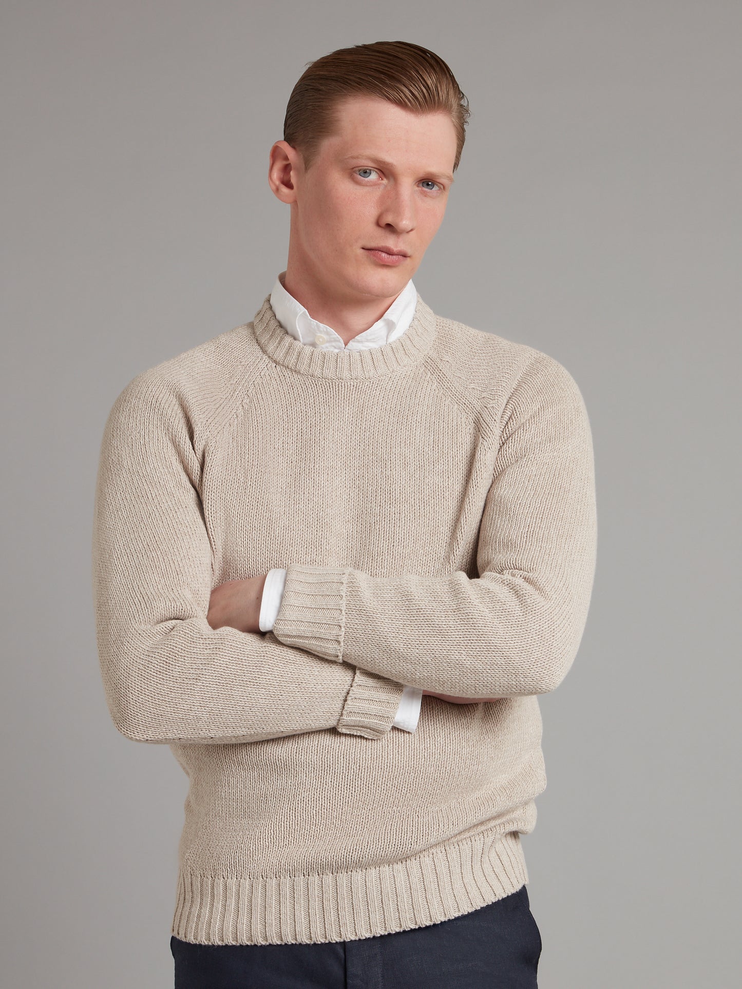 Crew Neck Jumper Cotton Linen Blend - Beige