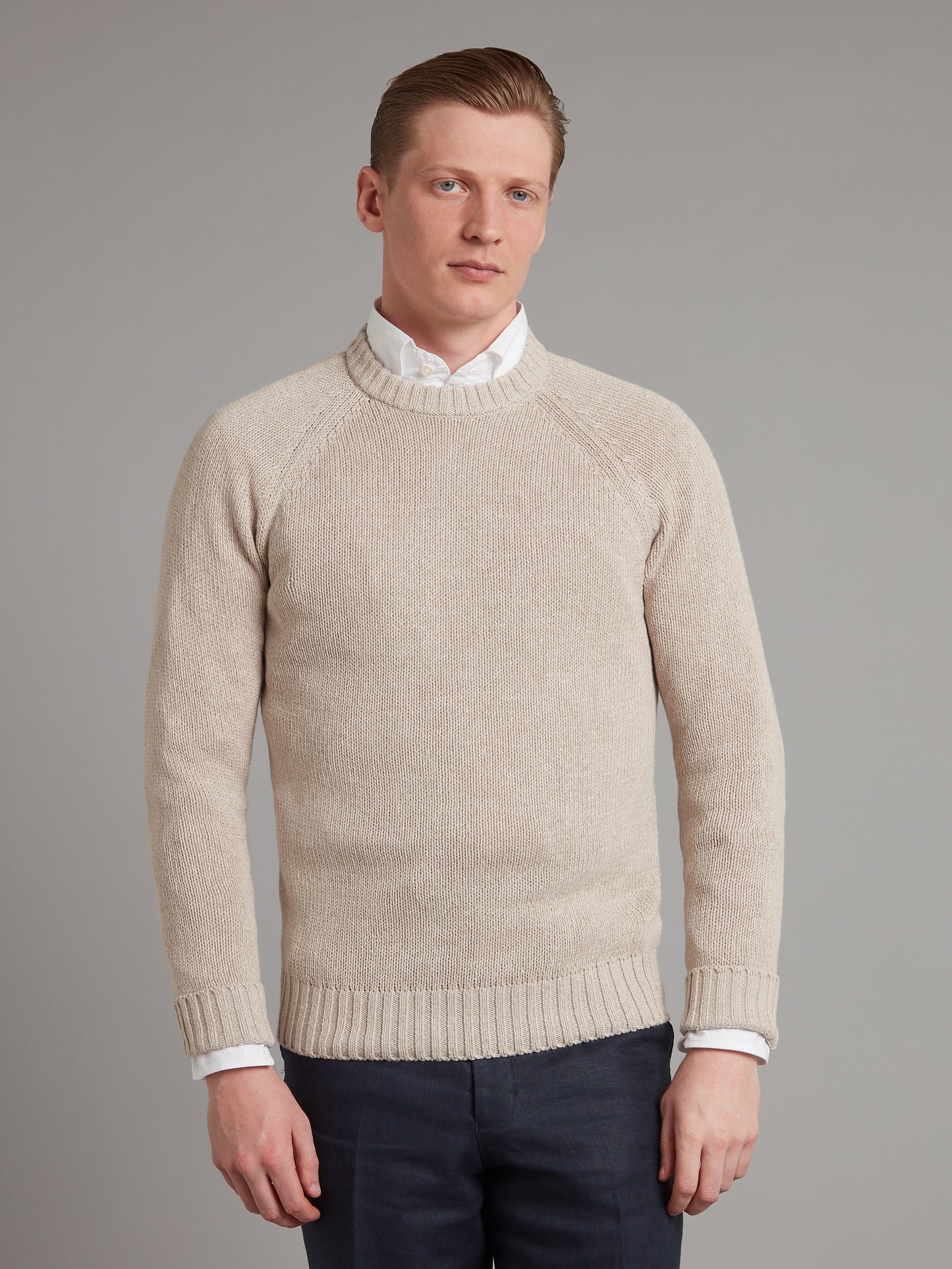 Crew Neck Sweater Cotton Linen Blend - Beige