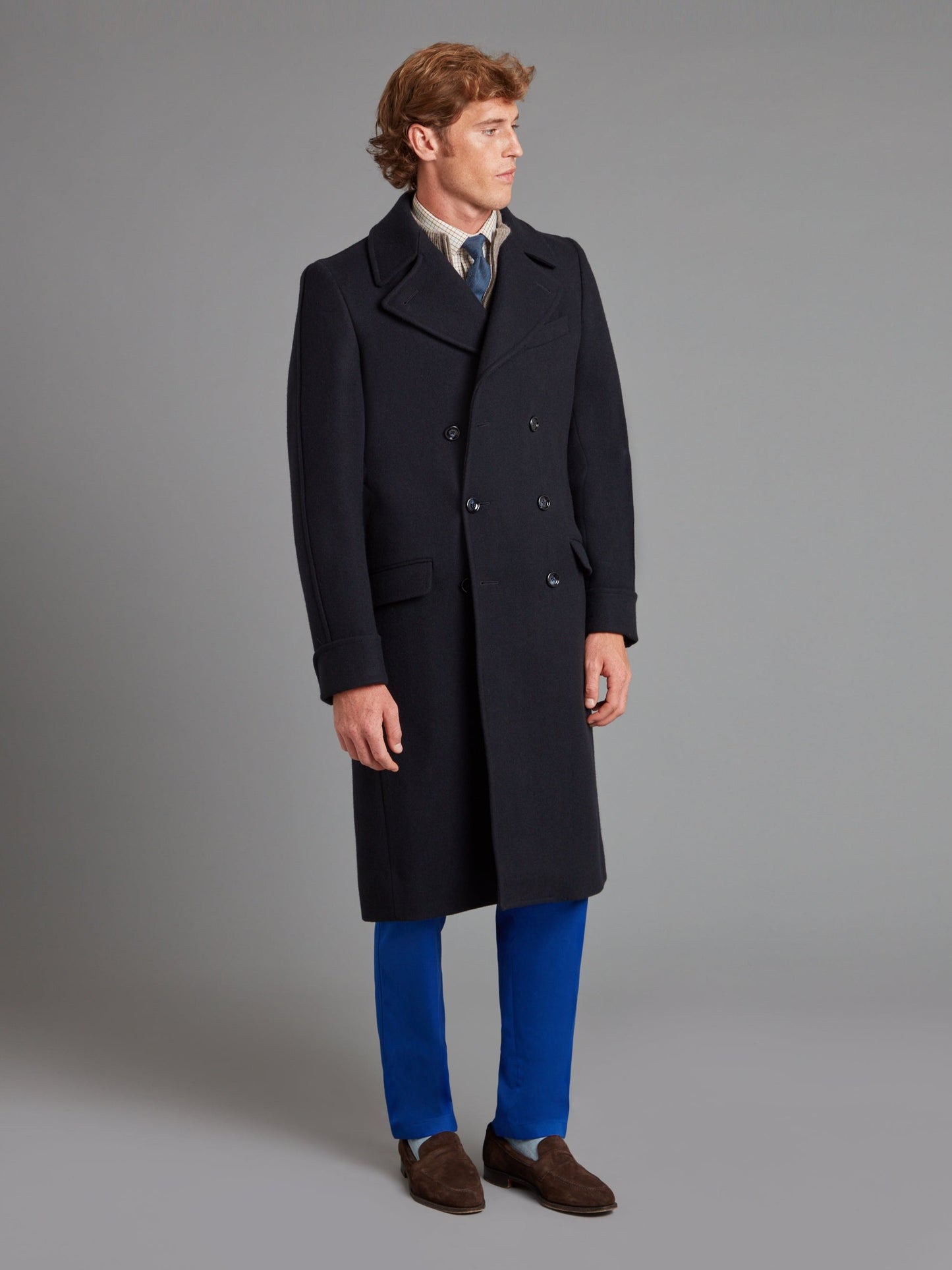 Double Breasted Greatcoat - Navy Herringbone