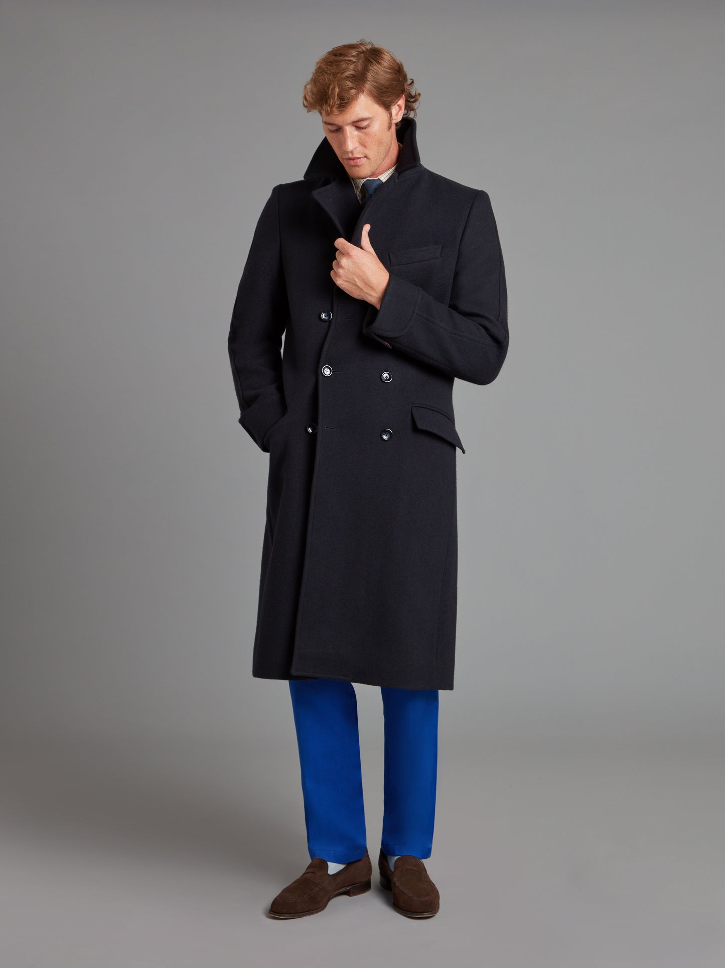 Double Breasted Greatcoat - Navy Herringbone