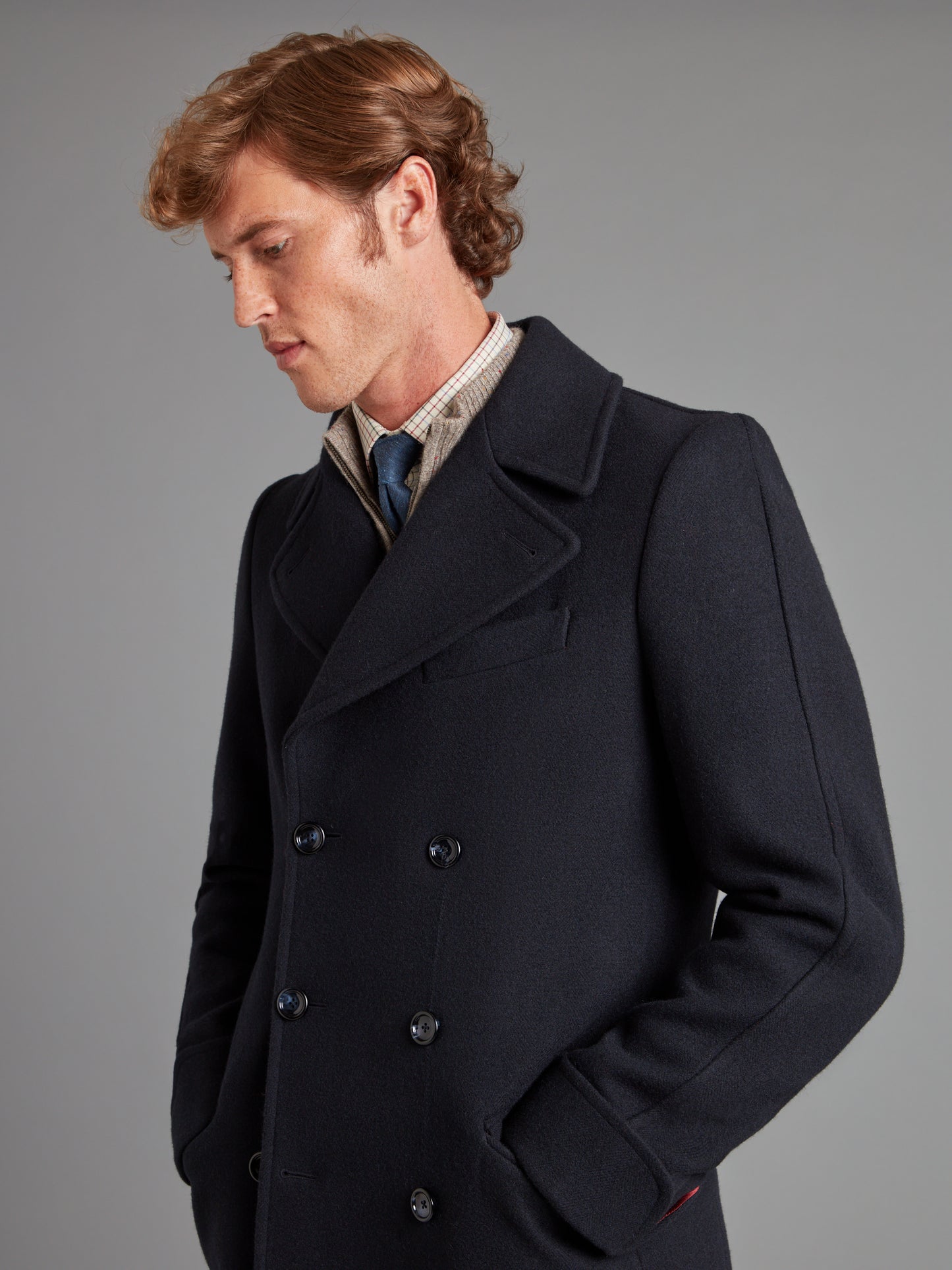 Double Breasted Greatcoat - Navy Herringbone