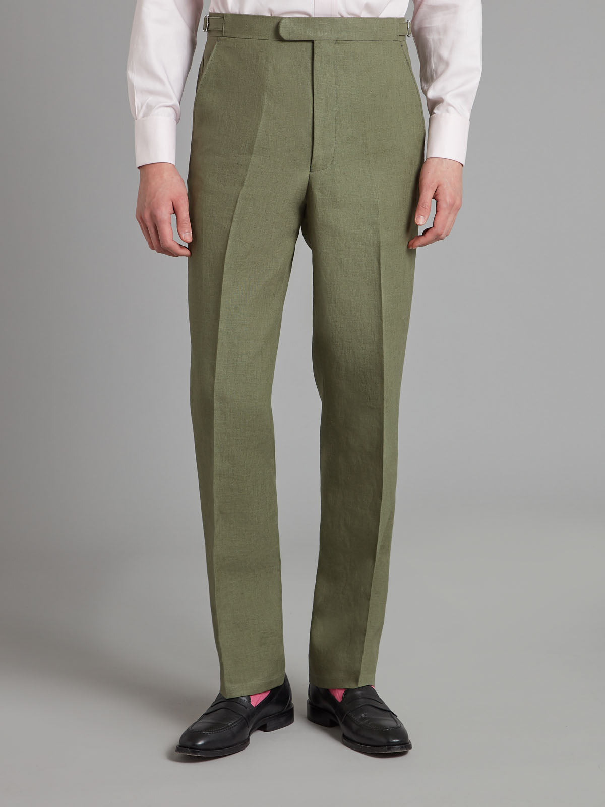 Flat Front Linen Trousers - Sage Green