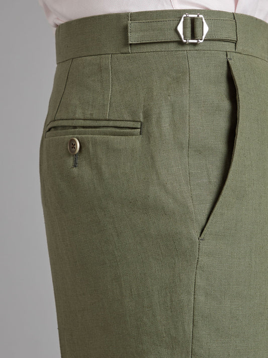 Flat Front Linen Trousers - Sage Green