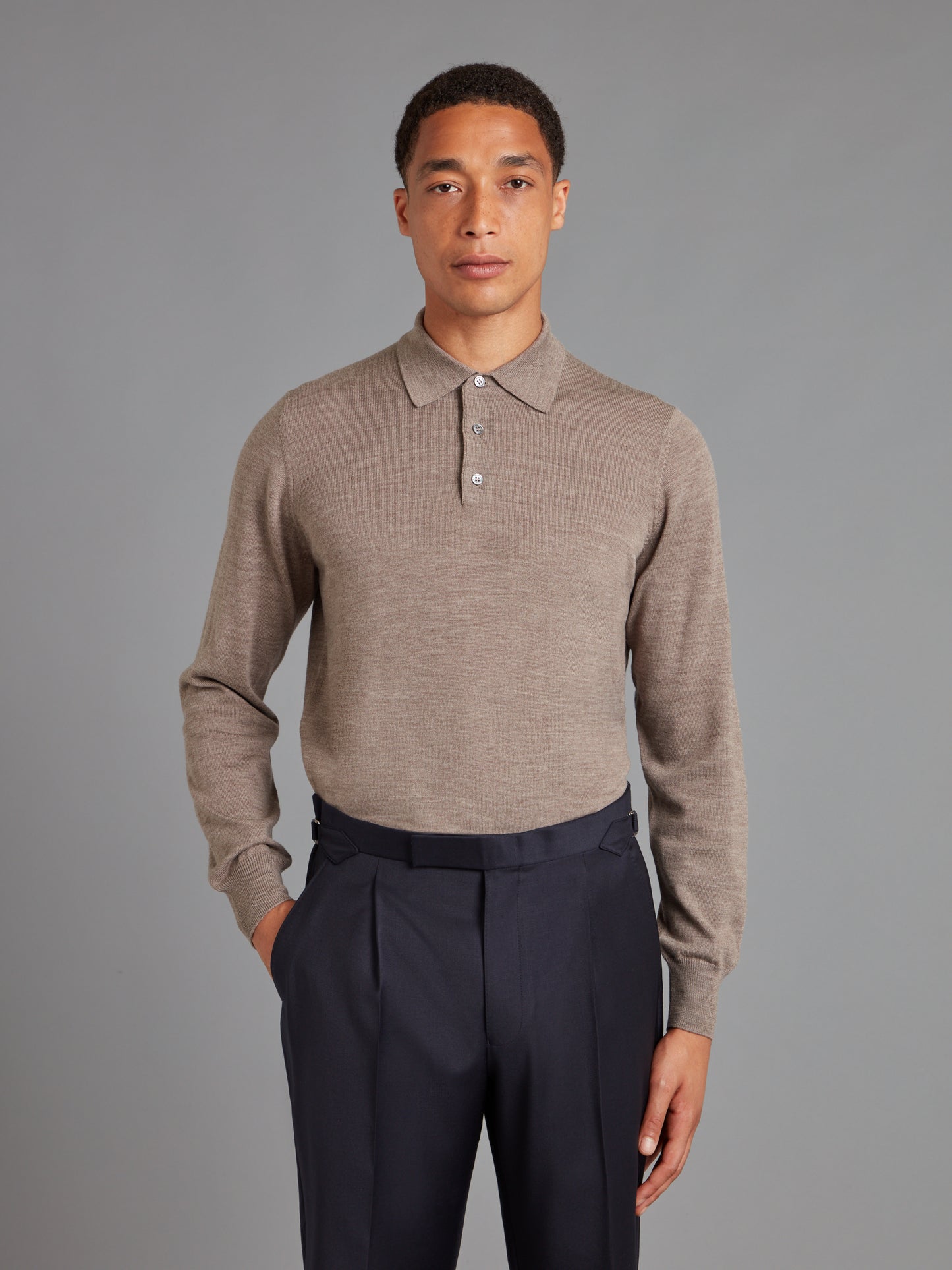 Fine Merino Long Sleeve Polo Shirt - Mushroom