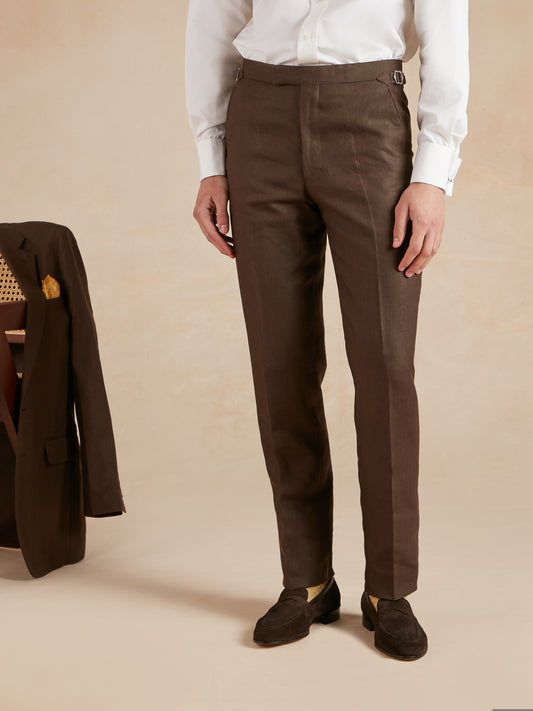 Flat Front Linen Trousers - Dark Brown