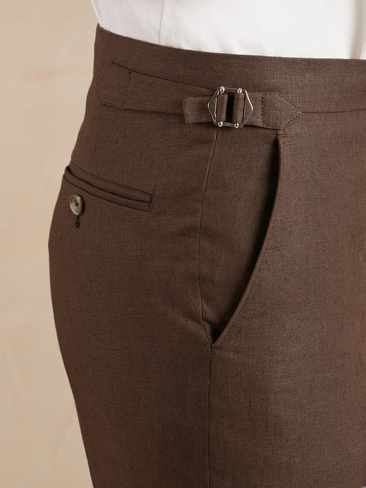 Flat Front Linen Trousers - Dark Brown