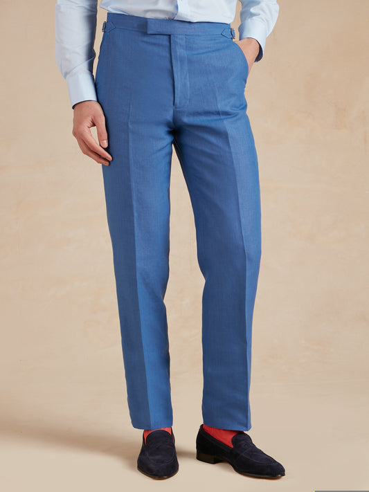 Flat Front Linen Trousers - Cobalt Blue