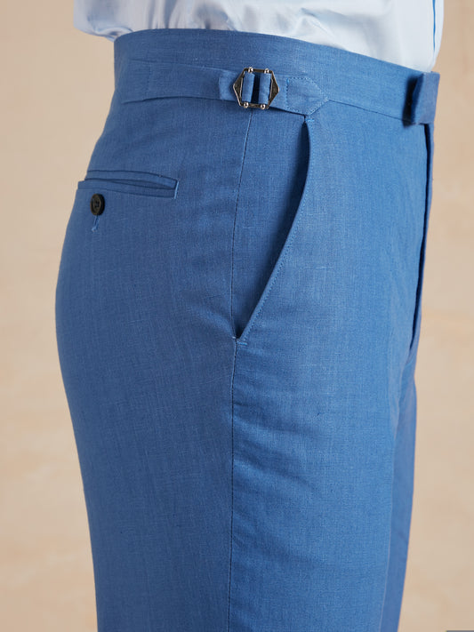 Flat Front Linen Trousers - Cobalt Blue