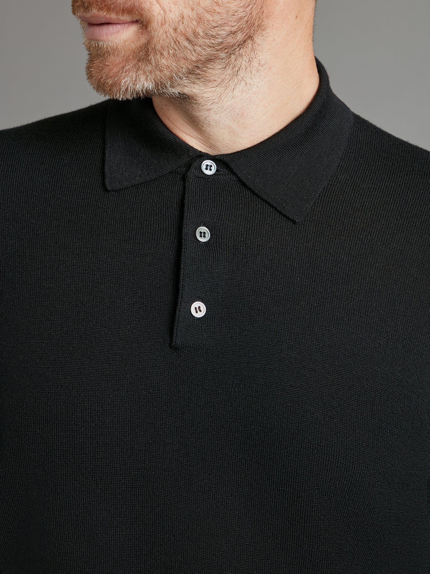 Fine Merino Long Sleeve Polo Shirt - Black