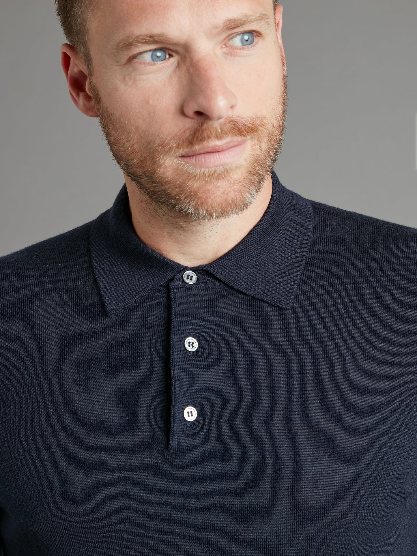 Fine Merino Long Sleeve Polo Shirt - Navy