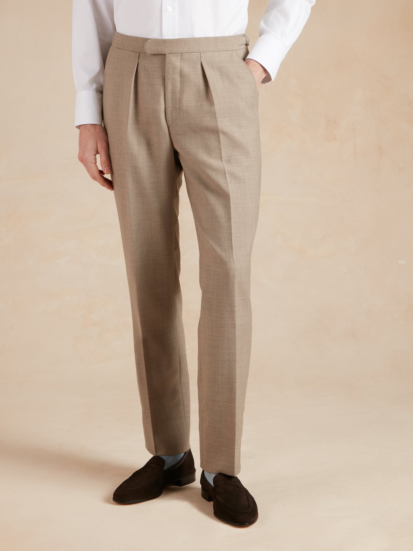 Grosvenor Pleated Tropical Wool Trousers - Beige 