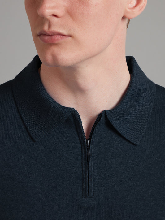 Half Zip Silk Blend Polo Shirt - Navy