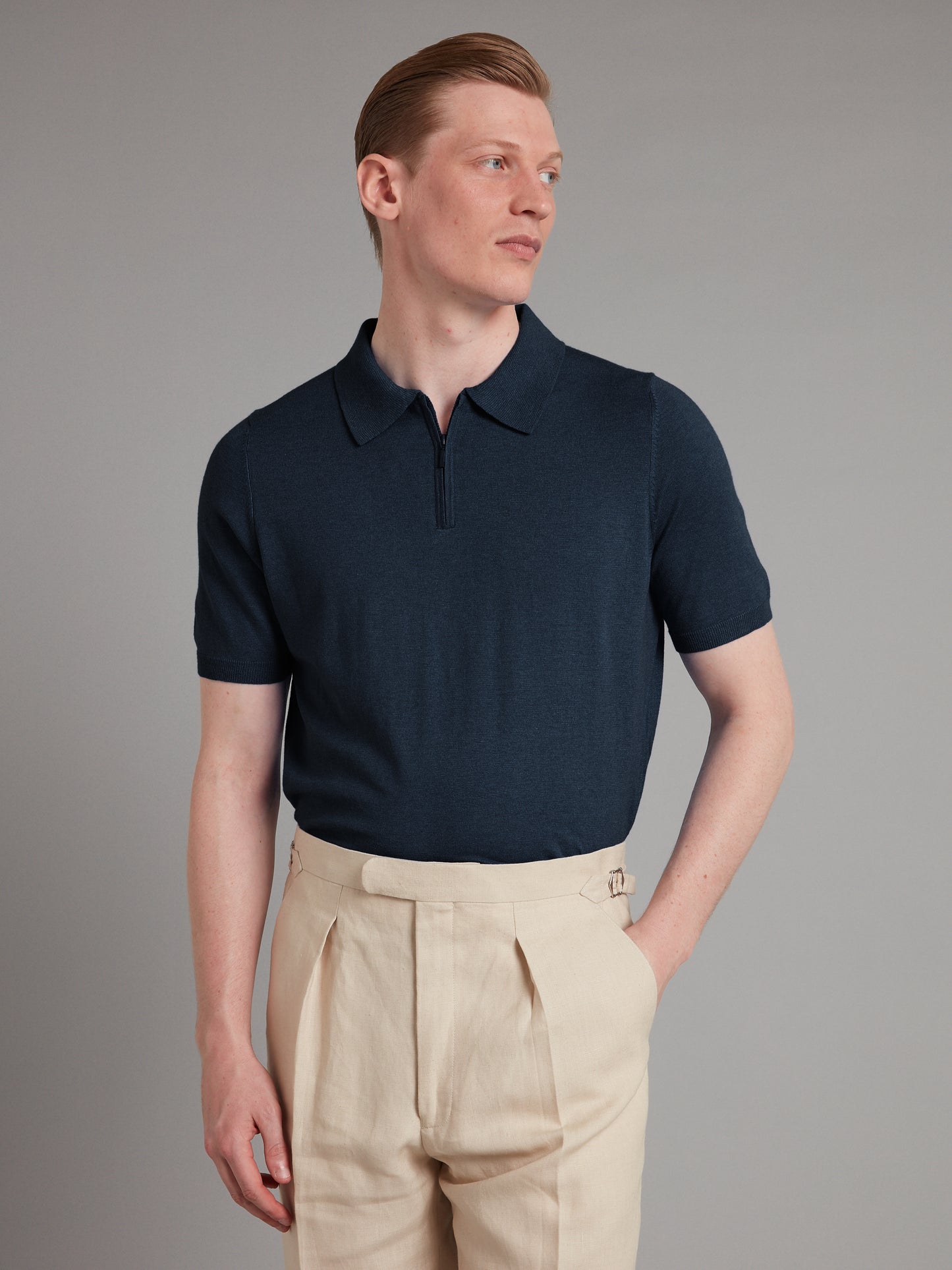 Half Zip Silk Blend Polo Shirt - Navy