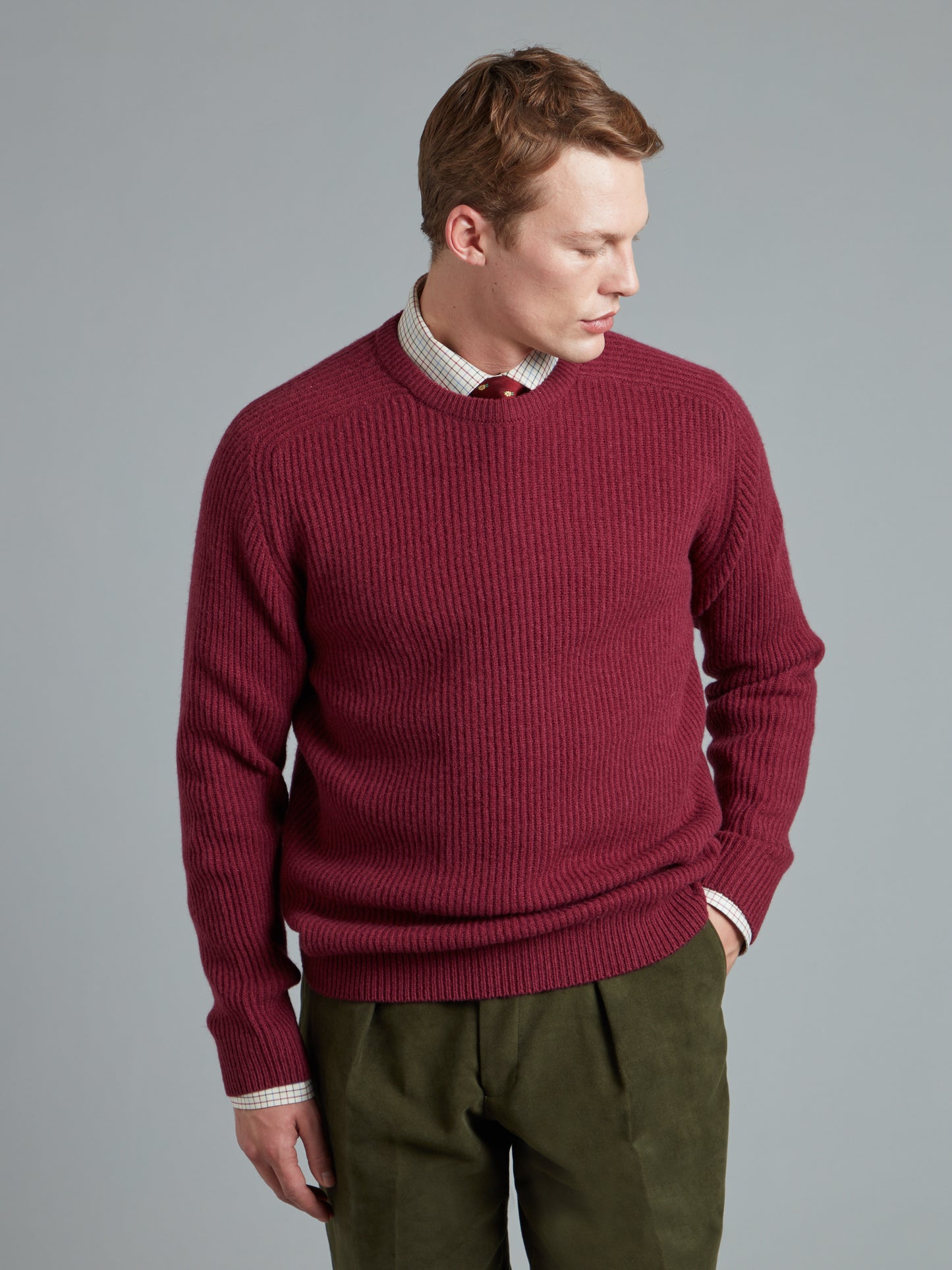 Lambswool Rib Stitch Crew Neck - Ruby Red