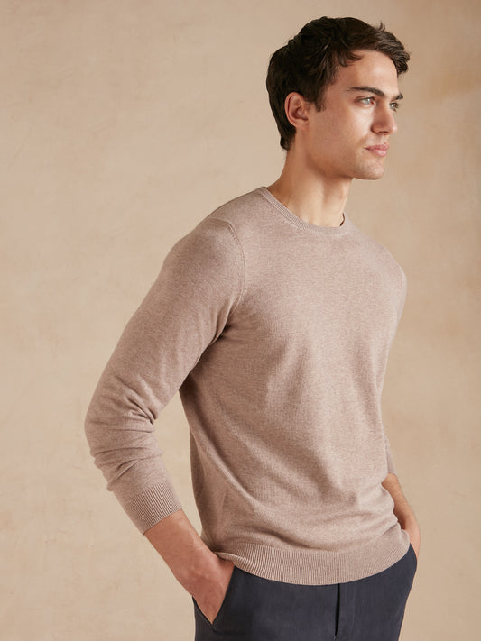 Lightweight Cotton Cashmere Crew Neck Jumper - Beech Brown