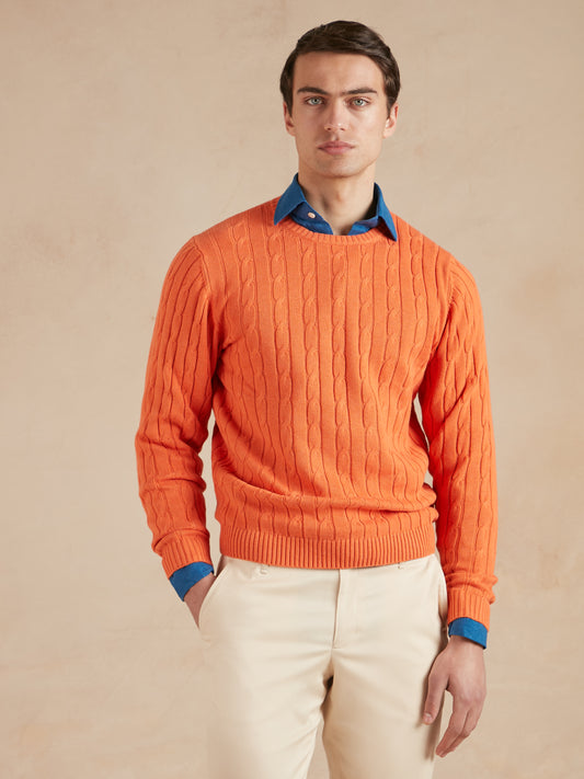 Cable Knit Cotton Cashmere Crew Neck Jumper - Tangerine Orange