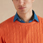 Cable Knit Cotton Cashmere Crew Neck Jumper - Tangerine Orange