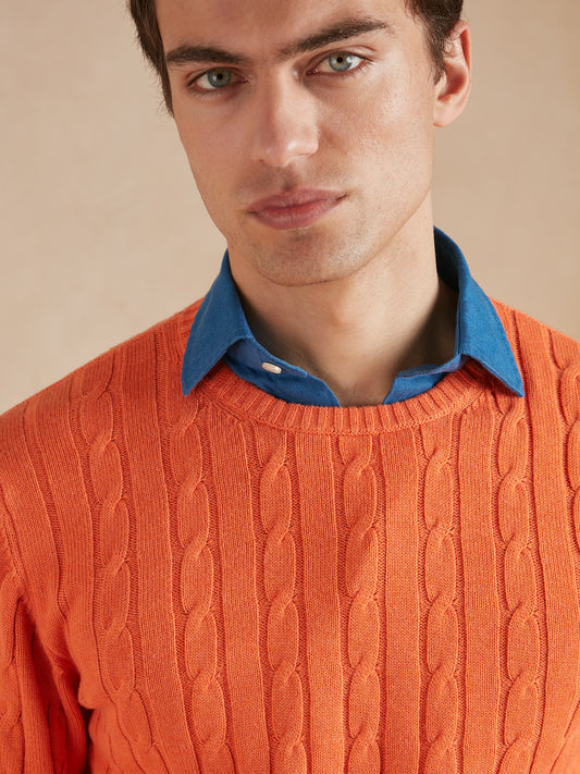 Cable Knit Cotton Cashmere Crew Neck Jumper - Tangerine Orange