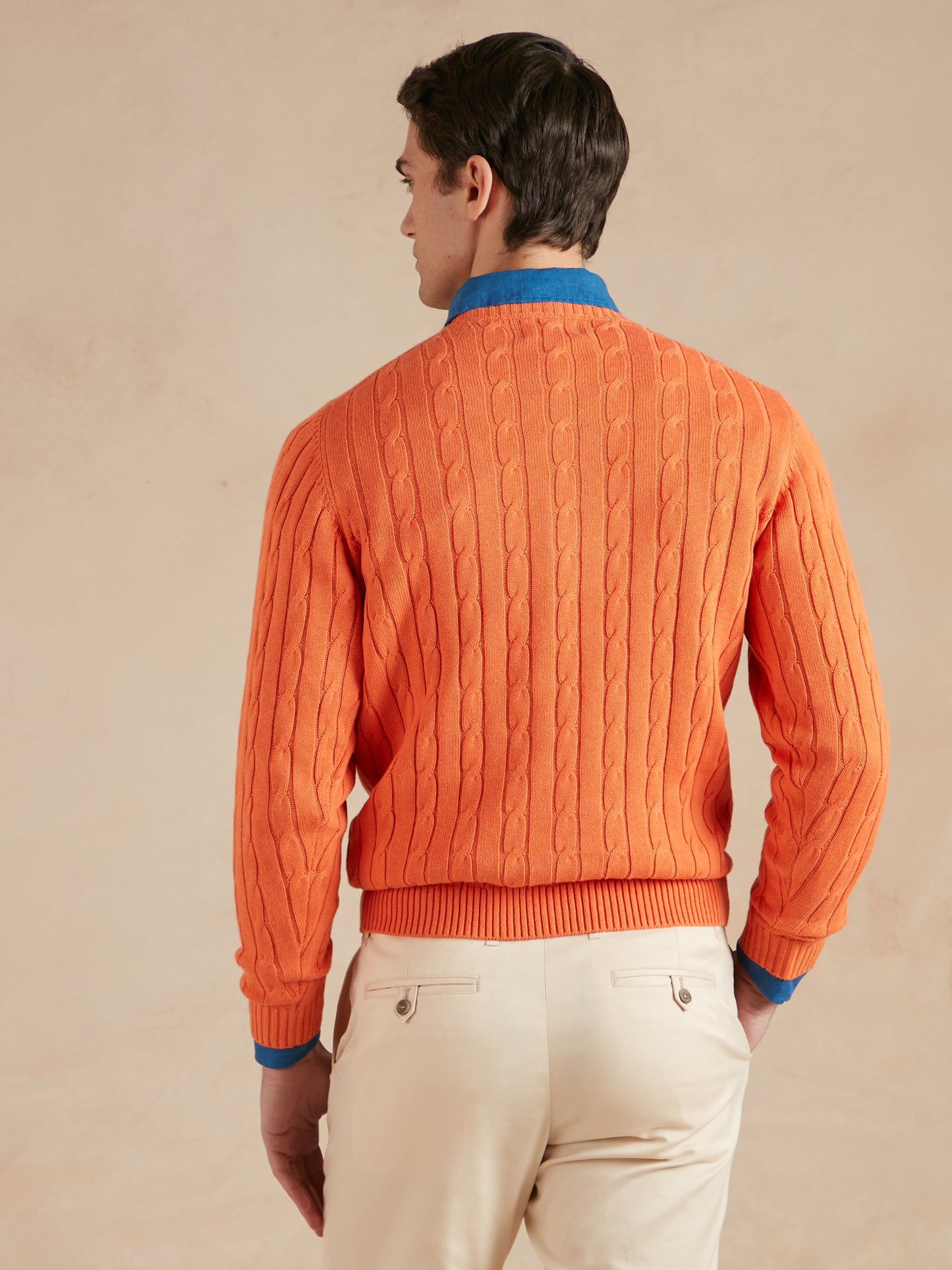 Cable Knit Cotton Cashmere Crew Neck Jumper - Tangerine Orange