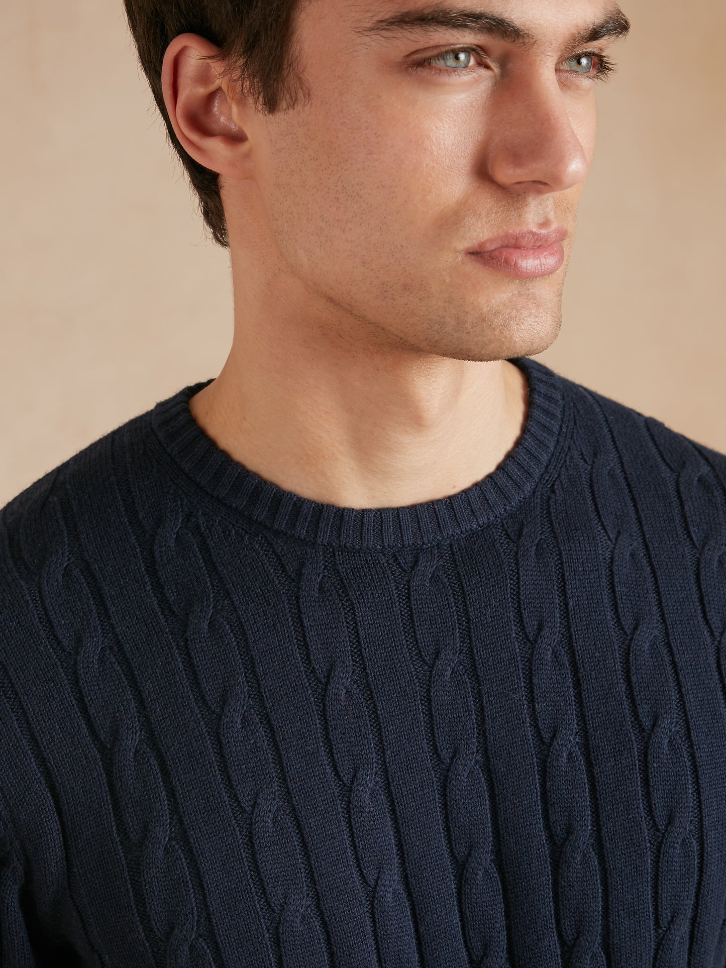 Cable Knit Cotton Cashmere Crew Neck Jumper - Navy