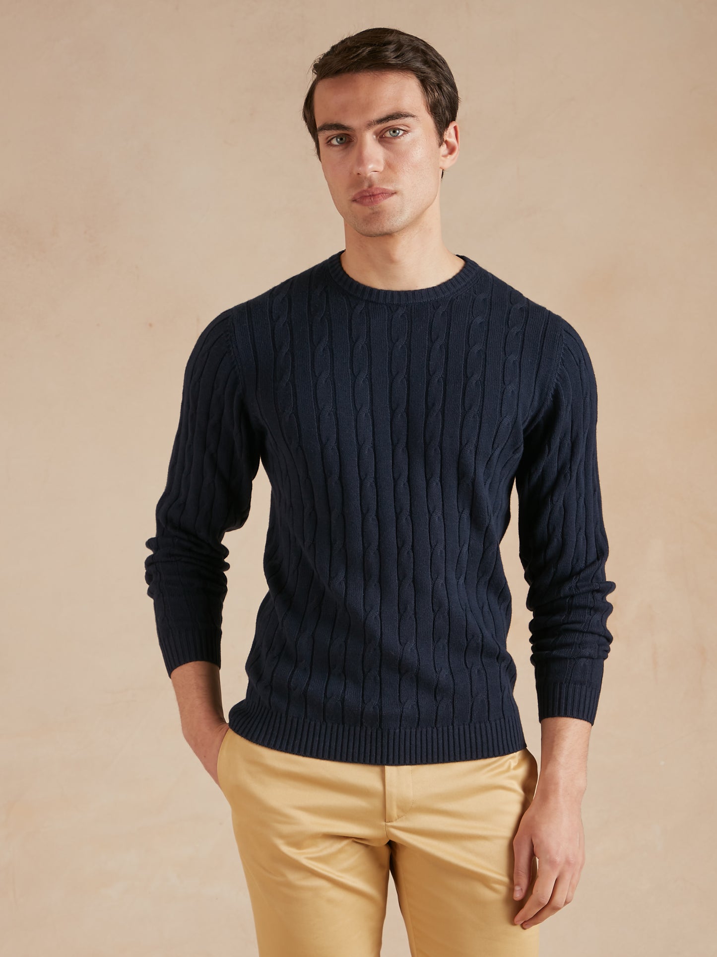 Cable Knit Cotton Cashmere Crew Neck Jumper - Navy