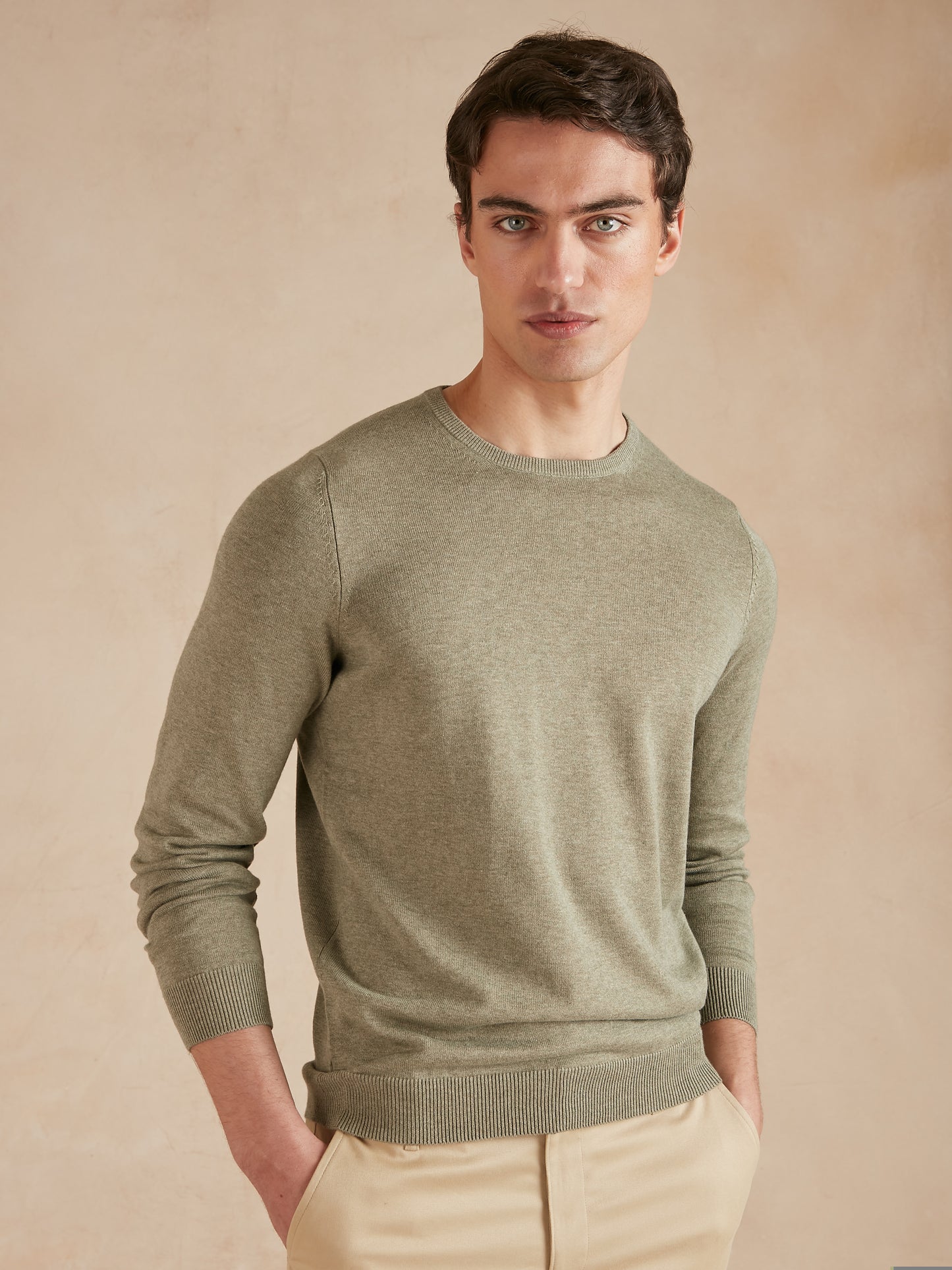 Lightweight Cotton Cashmere Crew Neck Jumper - Sage Green