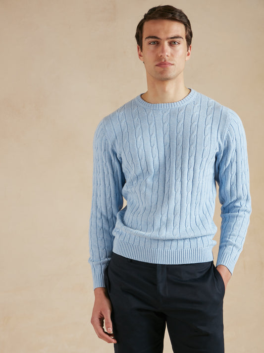 Cable Knit Cotton Cashmere Crew Neck Jumper  - Sky Blue