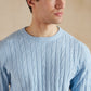 Cable Knit Cotton Cashmere Crew Neck Jumper  - Sky Blue