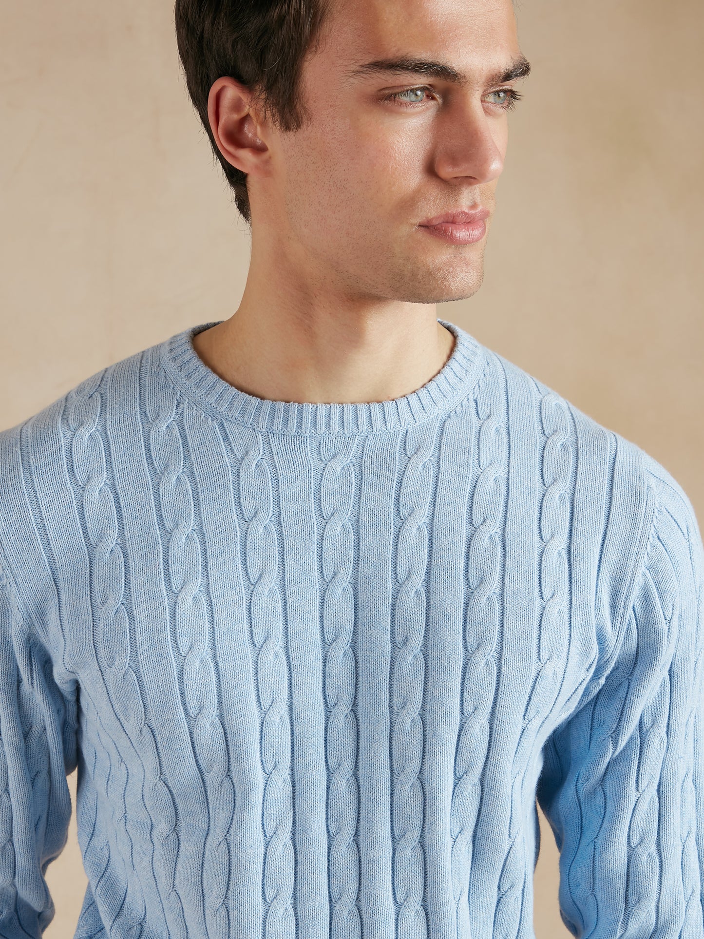 Cable Knit Cotton Cashmere Crew Neck Jumper  - Sky Blue